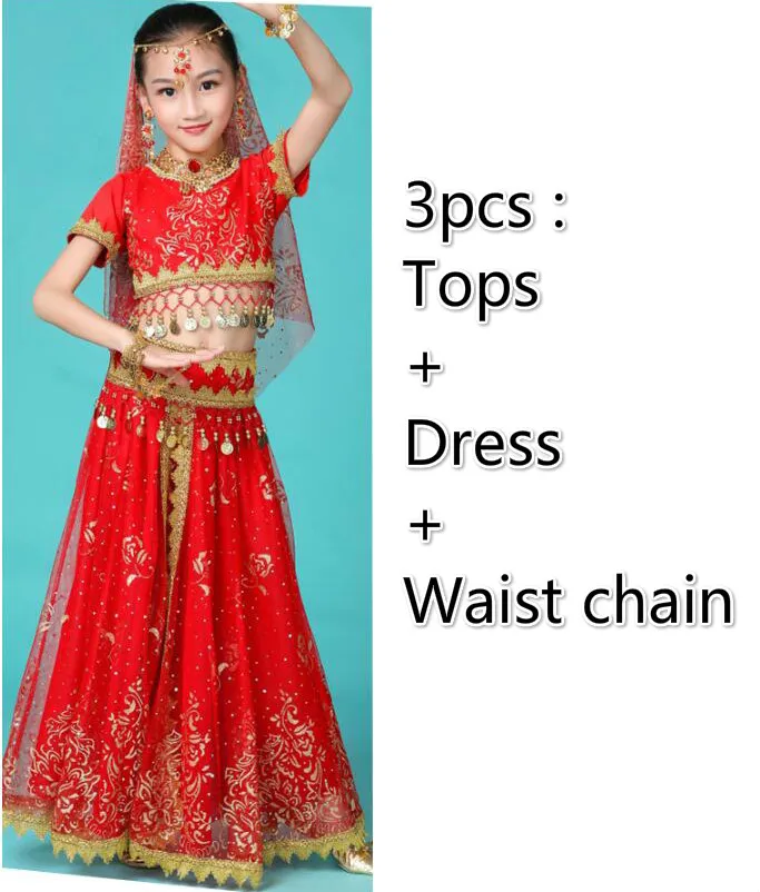 3pcs red Костюмы для Танцев Живота для девочек, дизайн, детские платья для восточных танцев, индийское болливудское танцевальное профессиональное снаряжение для детей, 4 цвета - Цвет: 3pcs red