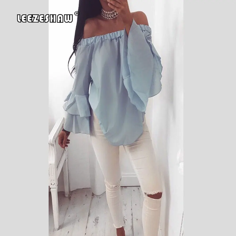 Leezeshaw 2018 Off Shoulder Petals Sleeve Chiffon Women Shirts Blouse Solid Long Tops Fashion Party Sexy Blouses Femme |