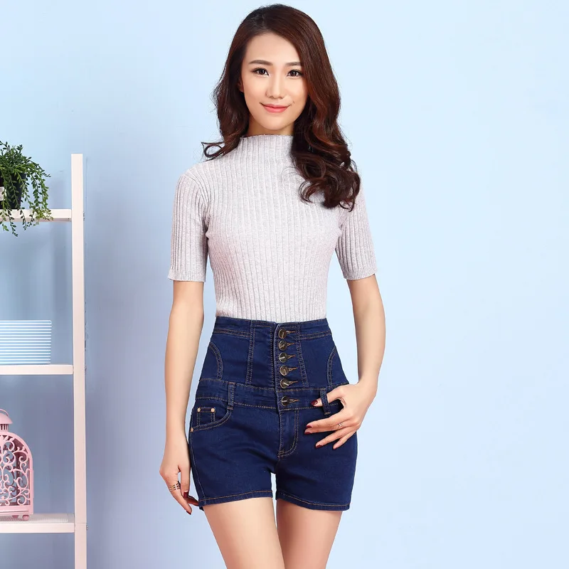 Women Shorts Feminino Summer Female High Waist Denim Ladies Button Solid Color Slim Hip Jeans Plus Size S-5XL Y44 | Женская одежда
