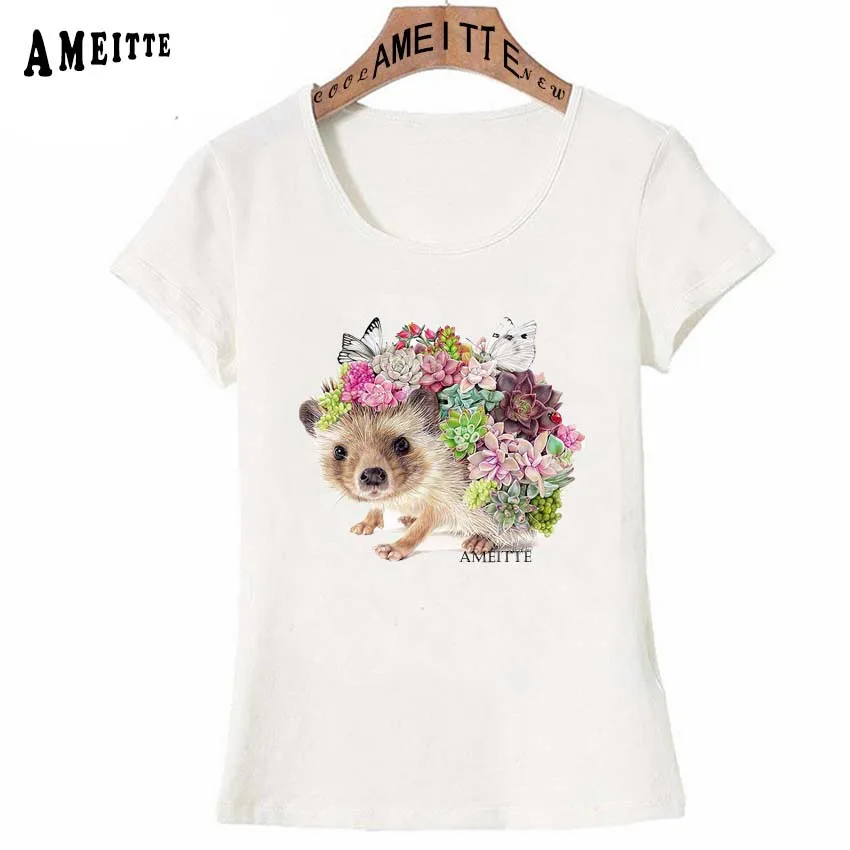 Новинка летняя модная женская футболка с забавным ежиком и суккулентами