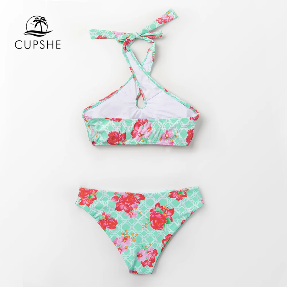 CUPSHE Сексуальная Зеленый цветочный принт с отворотом комплект бикини на