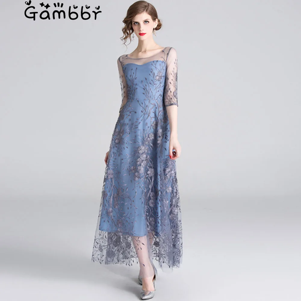 Женское кружевное платье с цветочной вышивкой Элегантное Длинное Платье круглым