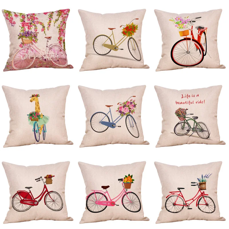 

Pillowcases Cartoon Bicycle Cushion Cover Cotton Linen Life Is A Beautiful Ride Home Deocrative Pillows Cover for Sofa Cojines