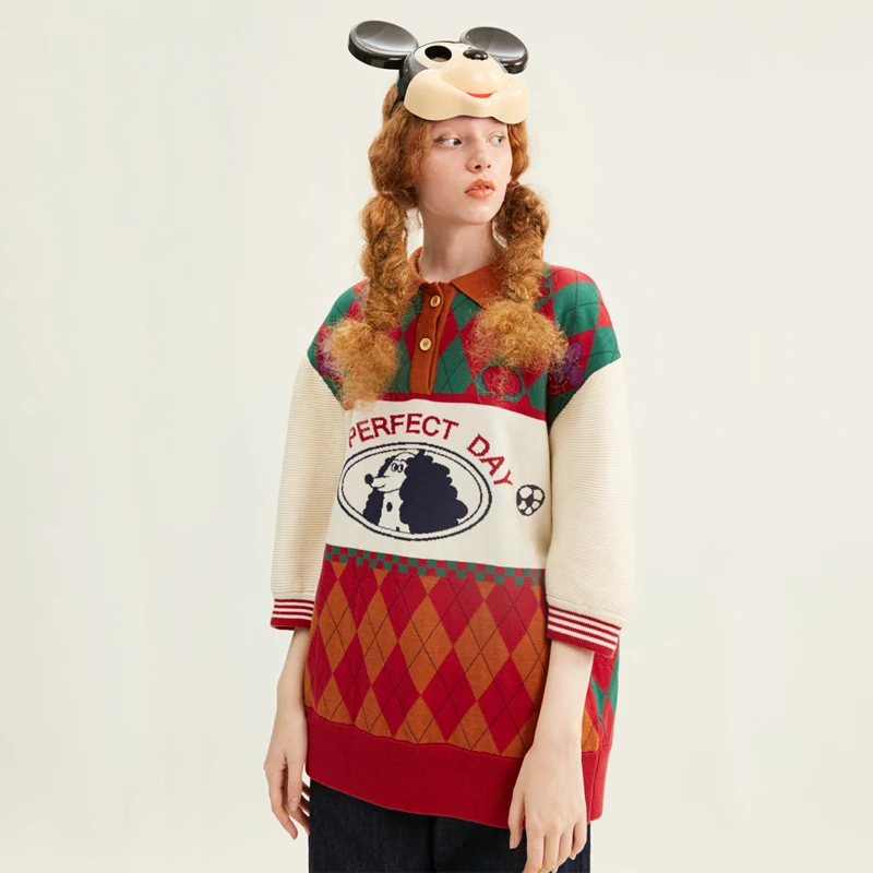 High Quality Women's Pullover Sweater Diamond Plaid Green Rainbow Half Sleeve Ladies New Spring Loose Knit | Женская одежда