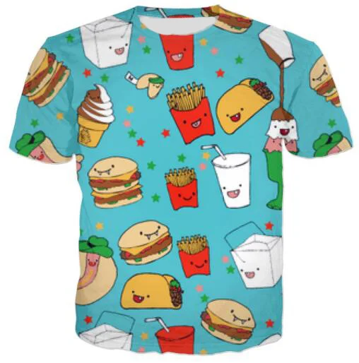 Футболка с 3D-принтом «кошка еда», «пицца», «здоровая еда», «гамбургеры», «фри», «еда», футболка, хипстерский летний наряд с круглым вырезом, топы