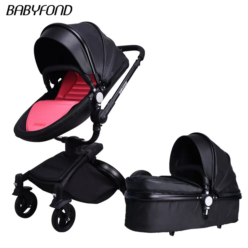 Black A Babyfond кожа(полиуретан) 2 в 1 Бесплатный вращающихся сидения-люльки детская коляска PU двухсторонние коляски с амортизаторами, детская коляска для младенца тележка бесплатные подарки - Цвет: Black A