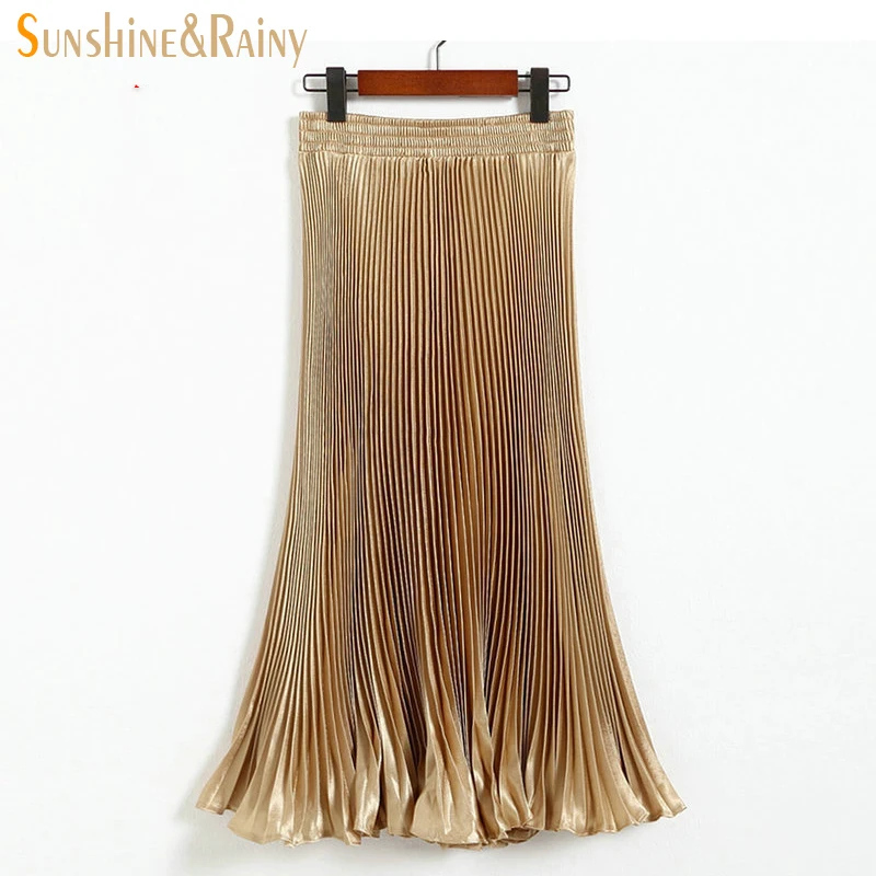 2017 весенне Летняя женская Однотонная юбка принцессы металлик Женская длинная