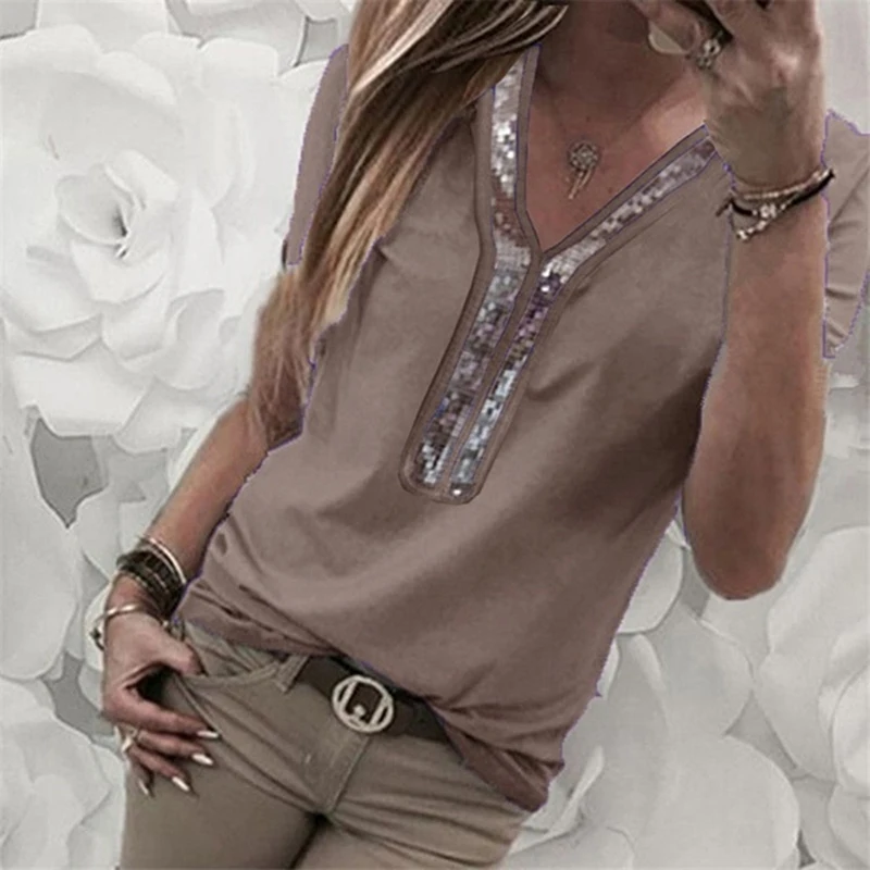 Женская сексуальная шифоновая рубашка с v-образным вырезом и блестками Летняя
