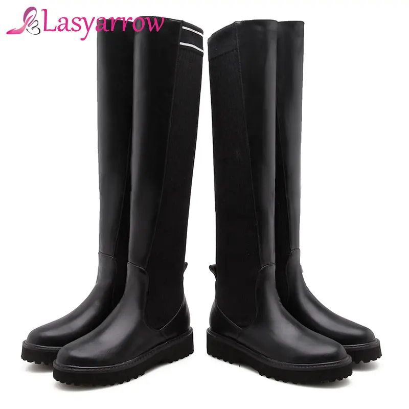 

Lasyarrow 2018 Slim Black Flat Knee High Boots Women Thigh High Stretch Boots Low Heel Platform Boots Fashion Shoes Sock Boots
