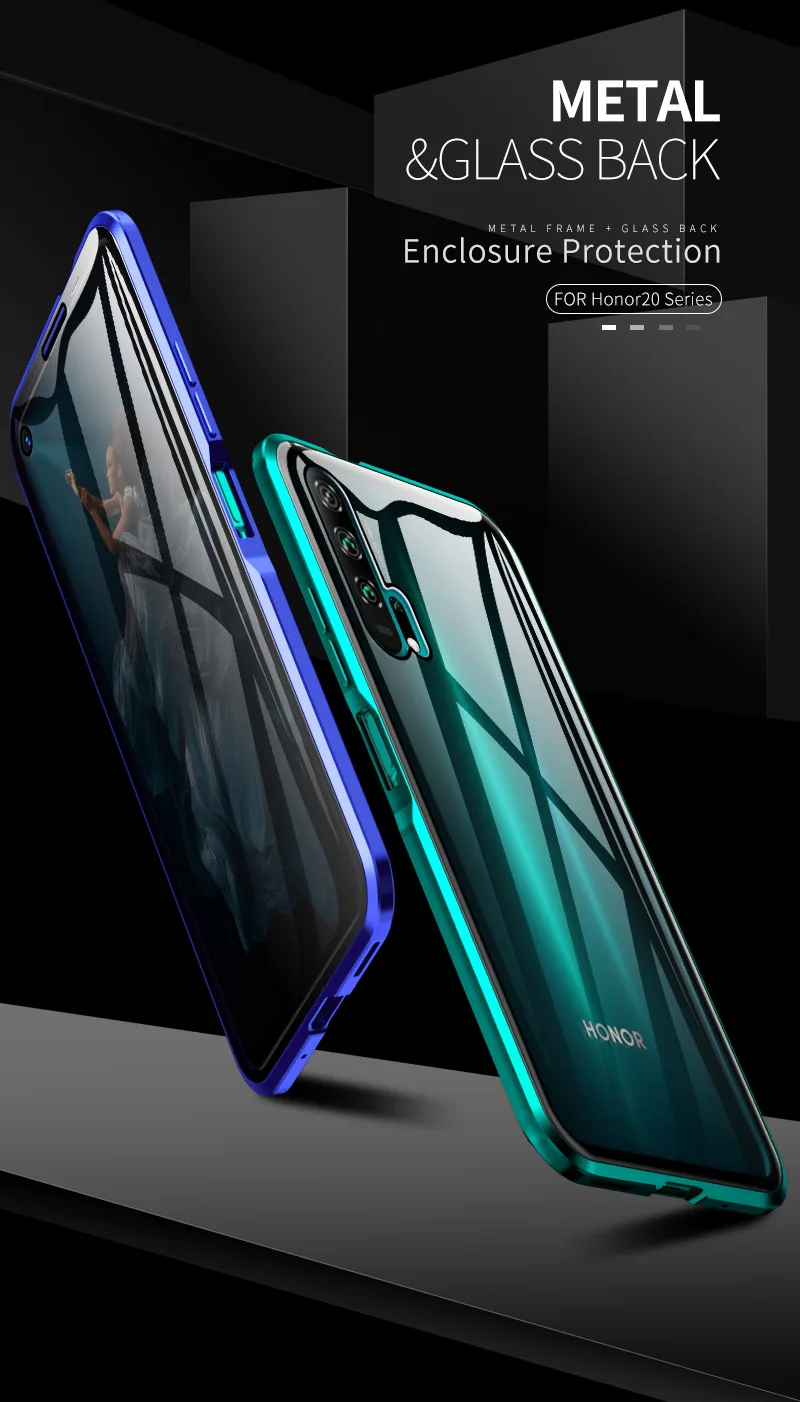 Роскошный встроенный магнитный адсорбционный металлический чехол для huawei Honor 20 Pro 20 Lite 20i 360 Полное покрытие Передняя Задняя крышка чехол из закаленного стекла