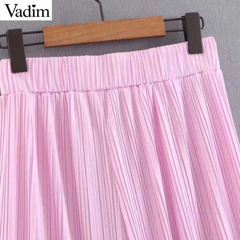 Vadim women elegant pink wide leg pants drawstring elastic waist pleated casual female ankle length chic trousers mujer KA981 | Женская
