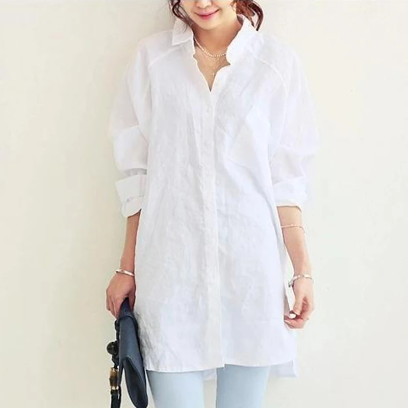 Женская блузка с длинным рукавом белая Повседневная Свободная льняная рубашка в - Фото №1