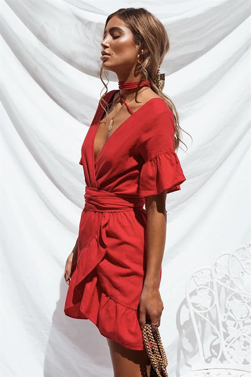 OOTN Плиссированное мини-платье, Женская туника, красный сарафан, ассиметричный глубокий v-образный вырез,, летние солнцезащитные Платья для женщин, короткий рукав, пояс