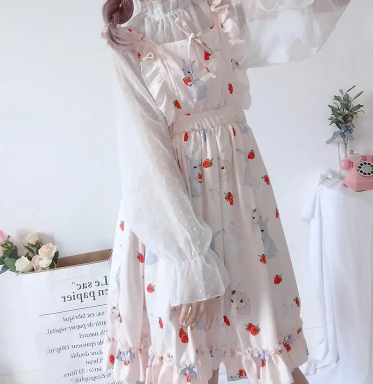 pink dress Женские платья, шикарные женские платья Kawaii Ulzzang, Клубничный Кролик, милое платье на бретелях, женское винтажное платье в стиле Харадзюку, Повседневное платье для женщин - Цвет: pink dress