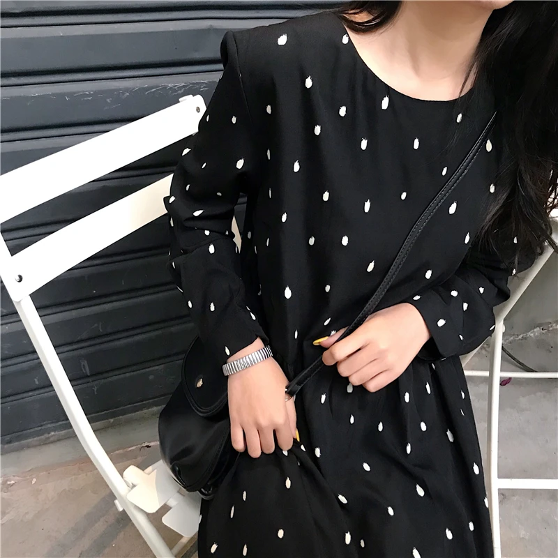 Платье размера плюс, 4XL, 3XL, женское повседневное милое платье с длинным рукавом в консервативном стиле, винтажное Свободное длинное гофрированное платье в горошек для девушек 6312