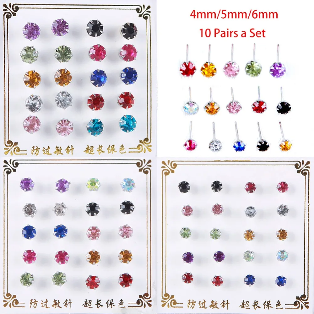 10 пар посеребренные серьги-гвоздики наборы Красочные Кристальные серьги со