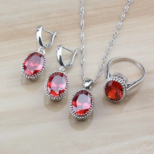 Простой красный родолит Овальный свадебный ювелирный набор из 925 серебра женский костюм серьги/ожерелье/браслет и кольцо наборы - Окраска металла: Red 3PCS