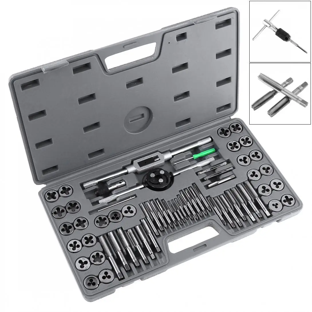 60pcs/set Multifunction Alloy Steel Metric and British Screw Tap & Die Thread Cutting Tapping Hand Tool Kit with Plastic Box for