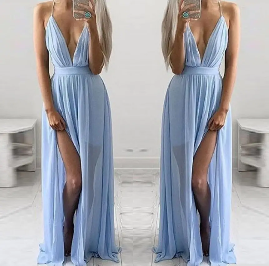 Модное синее длинное платье макси для женщин на тонких бретельках с v образным