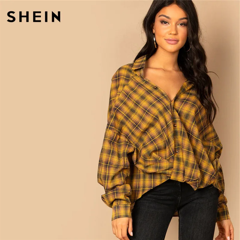 SHEIN Рубашка В Клетку С Заниженной Линией Плеч, Блузка Свободного Кроя С Длинным Рукавом С Принтом