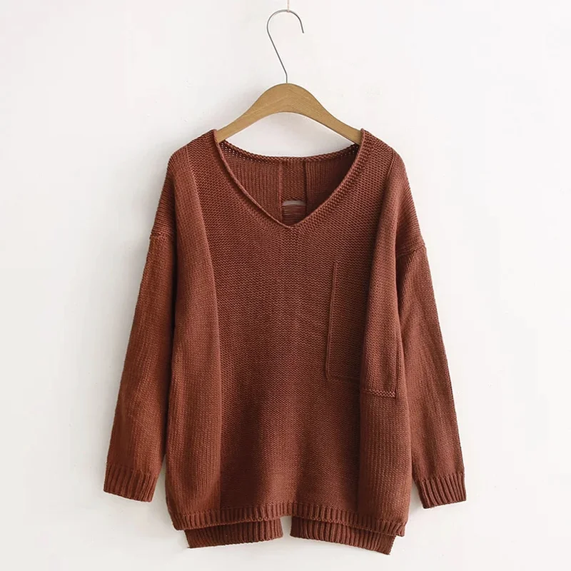 Casual V-neck Knitted Sweater Women Autumn Sweaters Pullover Female Pocket Side Split Jumper Pullovers | Женская одежда