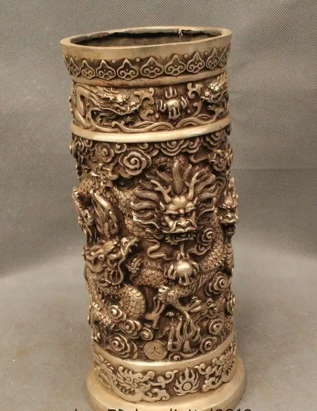 11&quot Chinese Dynasty Silver Successful Nine Dragon Play Bead Brush Pot pencil vas | Дом и сад