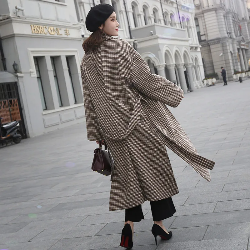 Женская шерстяная куртка IOQRCJV длинное теплое пальто в клетку с длинным рукавом