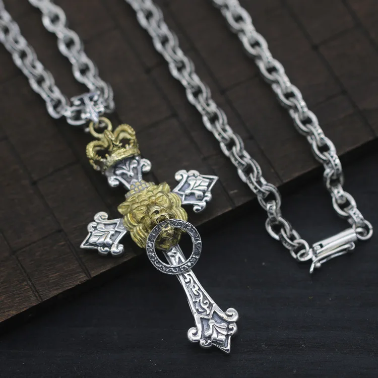 

S925 Sterling Silver Powerful Cross Retro Thai Silver Pendants Personality Crown Lion Ring Men And Women Fashion Pendants