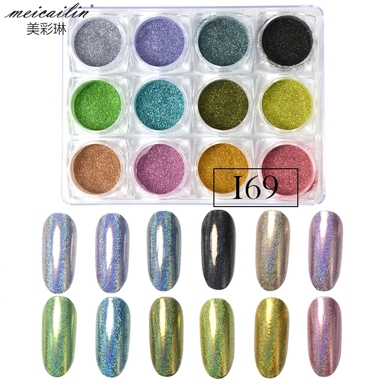 

12 colors/lot boutique 0.2mm super fine resistant melted holographic laser nail glitter powder polishing decorations for nails