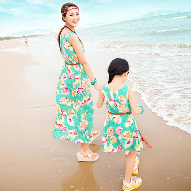 Family Look 2022 New Matching Mother and Daughter Dresses Bohemian Floral Printing Sleeveless Maxi Dress Plus Size | Мать и ребенок