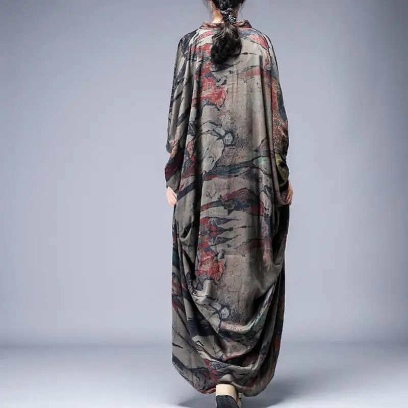 Новинка 2019 винтажное длинное платье с рукавом летучая мышь и пуговицами