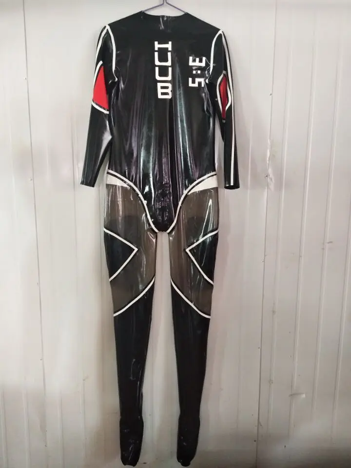 Мужской красивый комбинезон из латекса красный черный и прозрачный спортивный