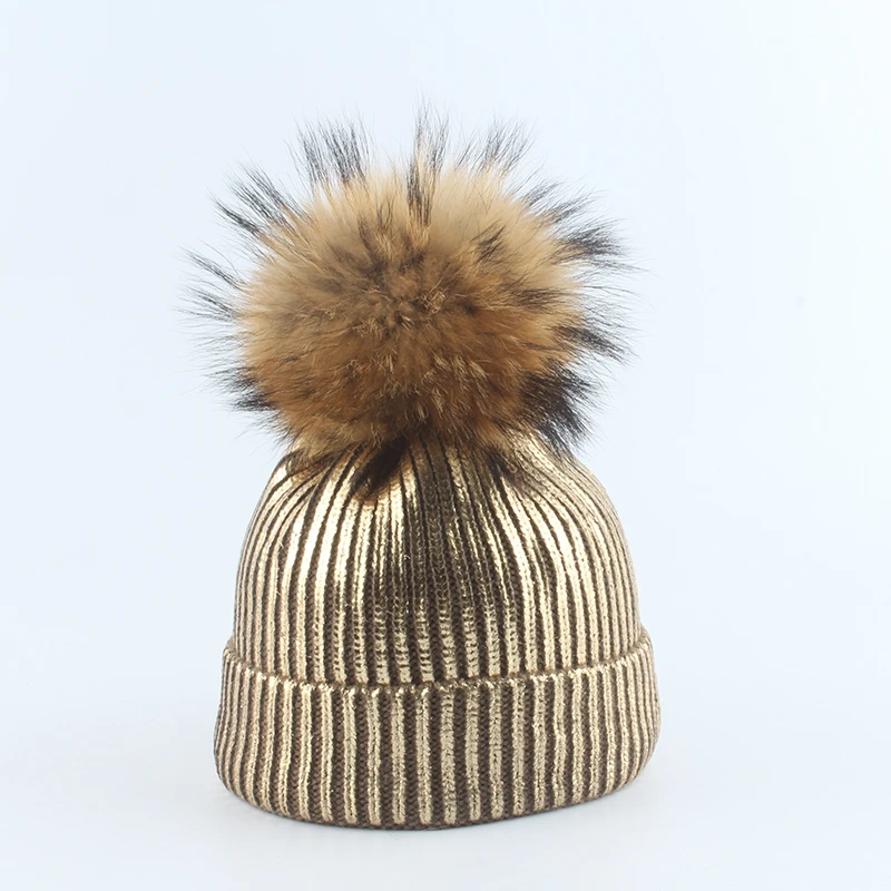 Зимняя Шапка Для Женщин Натуральный Мех Помпон Вязаные Шапочки Матери Дети