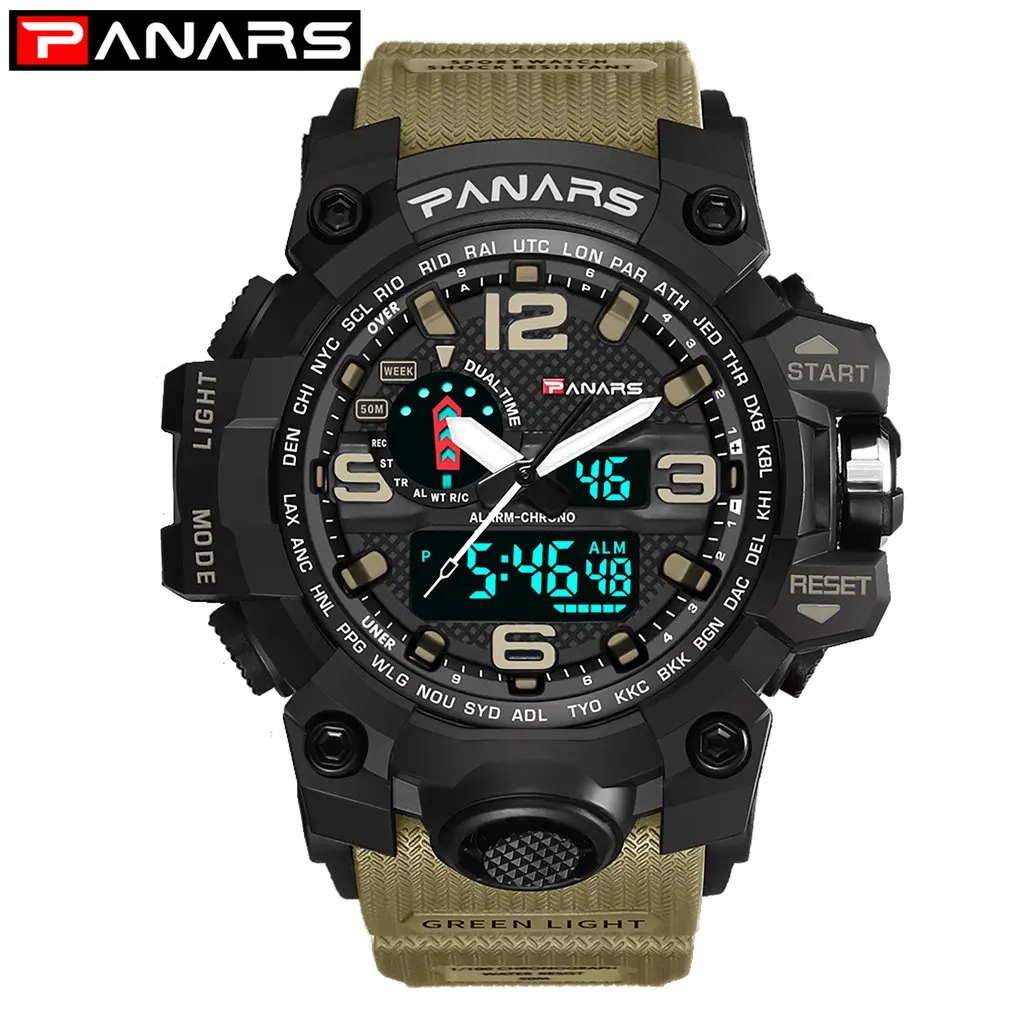 Khaki PANARS мужские уличные спортивные часы водонепроницаемые цифровой светодиодный G мужской шок военные электронные наручные часы relogio masculino - Цвет: Khaki