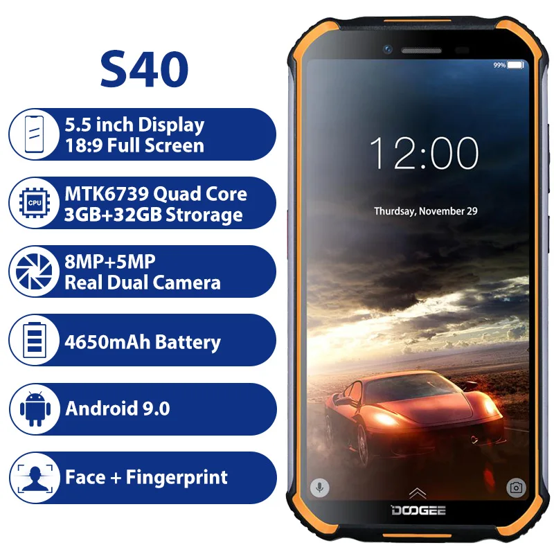 DOOGEE S40 IP68/IP69K водонепроницаемый смартфон MTK6739 четырехъядерный 3GB 32GB 5,5 ''Android 9,0 мобильный телефон 4650mAh 8.0MP прочный телефон
