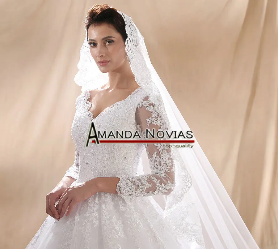 Свадебное платье с длинным рукавом Amanda Novias кружевное бальное аппликацией 2019|ball