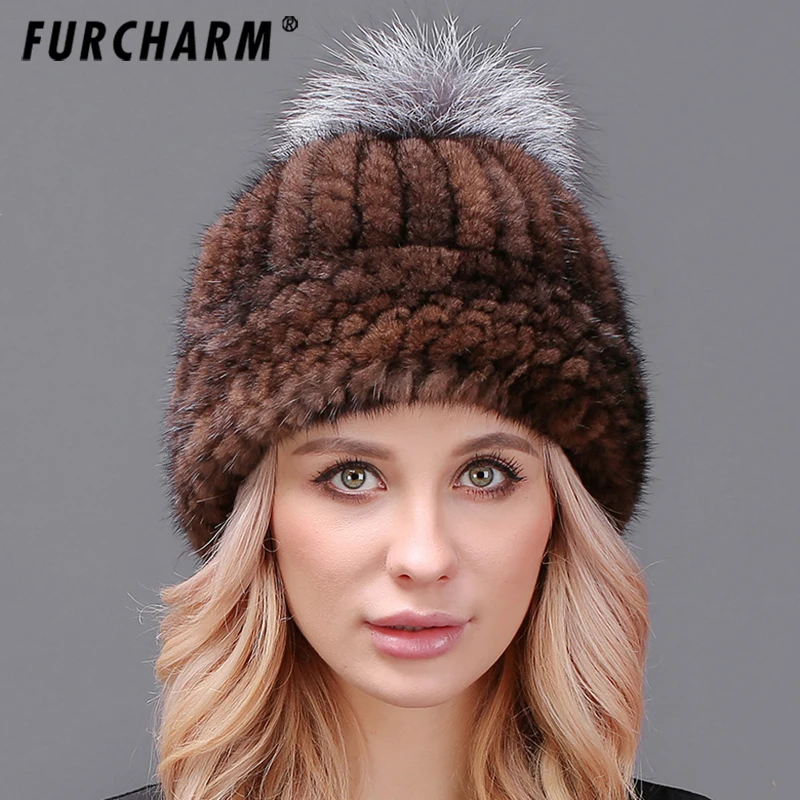 100% норковая шапка с меховым помпоном вязаные шапки из меха норки шапочки