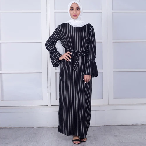 Черный MISSJOY kleid Дубай открытые abaya мусульманские платья для вечеринок женские кафтан хлопок полосатый турецкий исламский арабский женский костюм повседневная одежда - Цвет: Черный