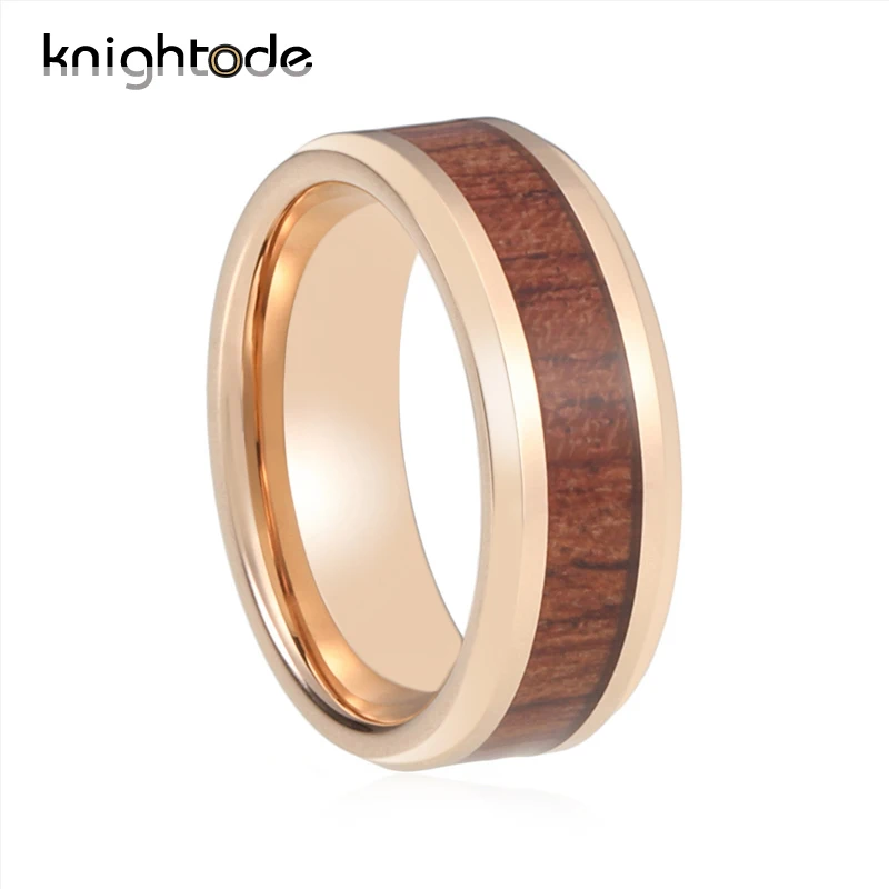 Rose Gold 8mm Tungsten Wedding Band Koa Wood Inlay Men Women Engagement Ring Beveled Edges