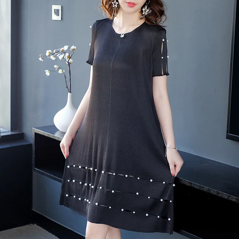 

Summer New Fashion Women Elegant Loose Large Size A Line Dress Beads Slim Short Sleeve Dress