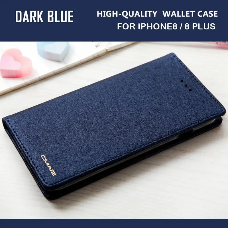 Dark Blue Роскошный Шелковый кожаный чехол-кошелек для Apple iphone 8, 8 Plus, iphone 8, флип-чехол для телефона iphone 8 Plus, чехол с держателем карты, чехол - Цвет: Dark Blue