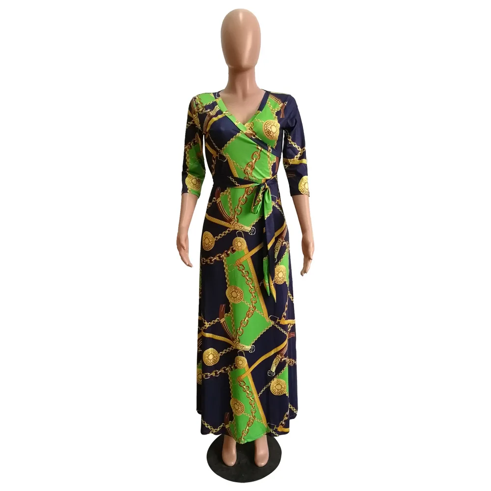 2019 women summer vintage chain notched v-neck three quarter sleeve maxi dress party beach bohemian long dresses 3 color YM-8349 | Женская