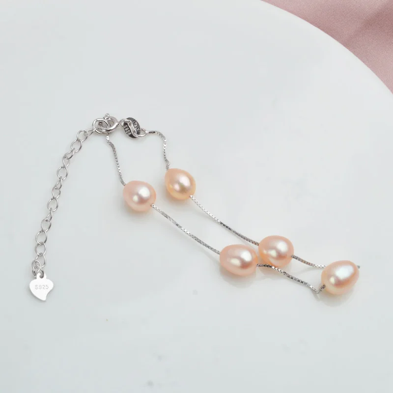 Pink (Extend 5cm) ASHIQI браслет из натурального 925 пробы серебра для женщин 7-8 мм натуральный пресноводный жемчуг ювелирные изделия 4 цвета - Цвет камня: Pink (Extend 5cm)