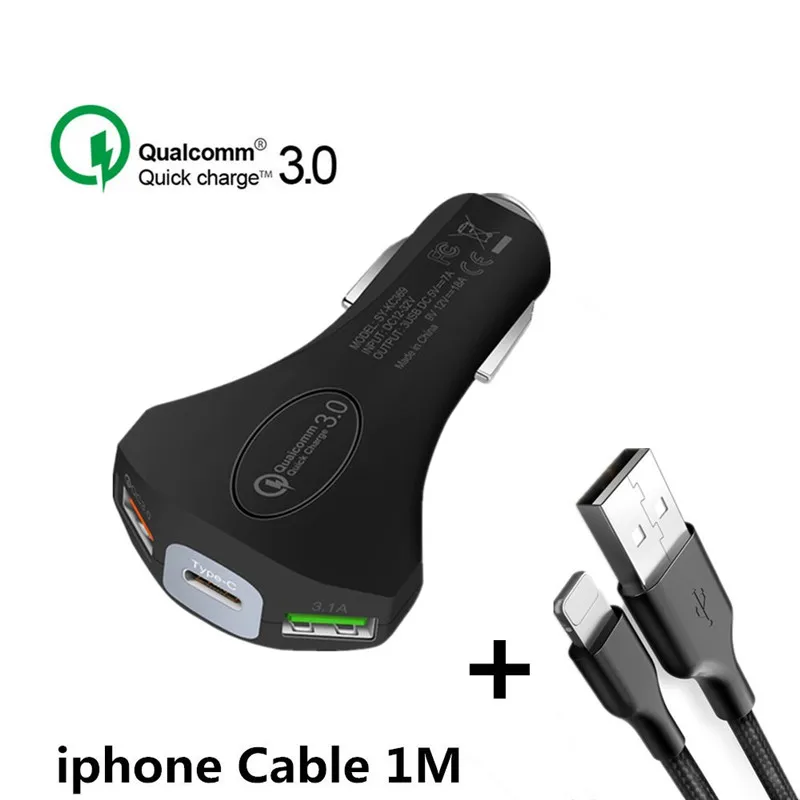 Black ip Cable Автомобильный USB Зарядное устройство Quick Charge 3,0 Мобильный телефон Зарядное устройство Тип с 2 портами(стандарт для быстрого автомобильного Зарядное устройство для Xiaomi iPhone samsung планшет автомобильный-Зарядное устройство - Тип штекера: Black ip Cable