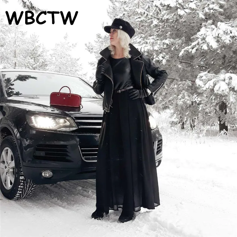 WBCTW платье с длинными рукавами Высокая талия шифон и искусственная кожа