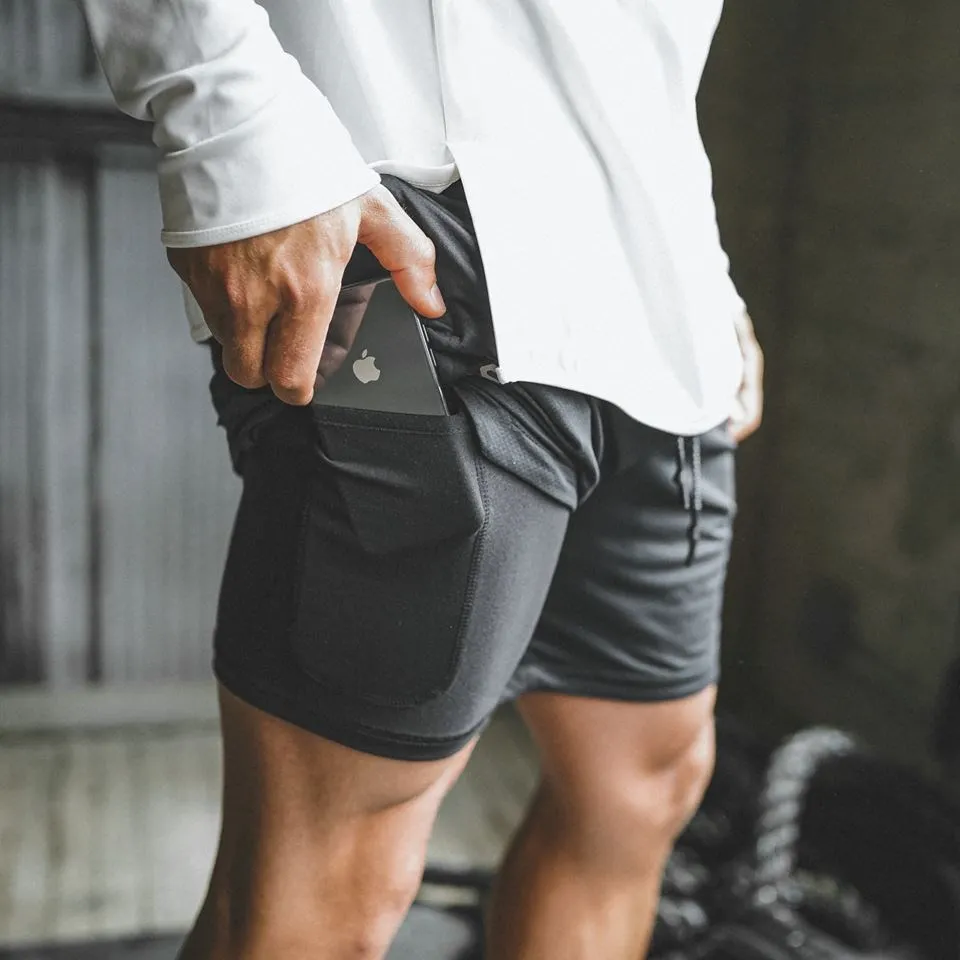 

Cell Phone Pocket Pants Double layer Running Shorts Camouflage Quick Drying Training Shorts Workout Jogging Fitness Gym Shorts