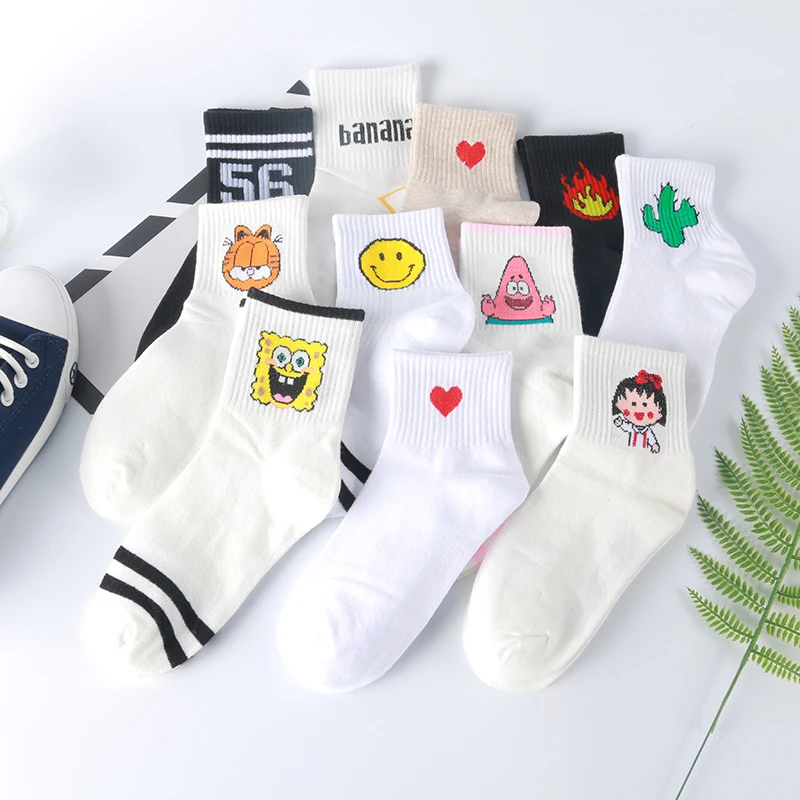 Женские носки на каждый день, Harajuku, Корея, японский хлопок, Смайл, пламя, короткие носки для девочек, китайский кактусовый пистолет, Акула, инопланетянин, женские носки, Meias