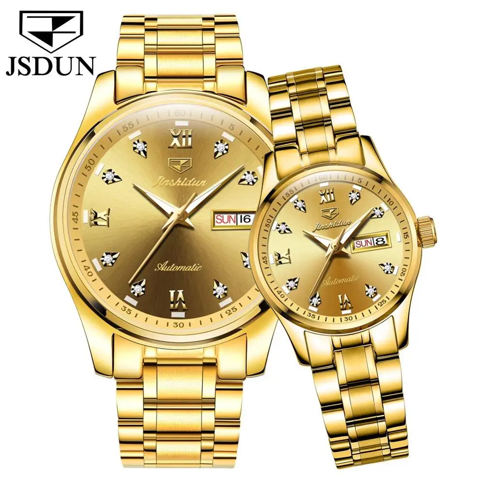 Gold JSDUN синий циферблат автоматический самоходный ход мужчины t высокого качества Роскошные пары часы светящиеся водонепроницаемые механические часы для мужчин и женщин - Цвет: Gold