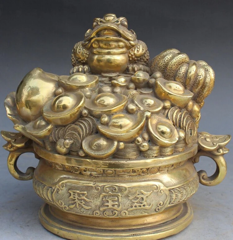 

Xd 001697 китайского бронзового деньги чаша богатства Yuanbao Jinchan тыквы персик Статуя