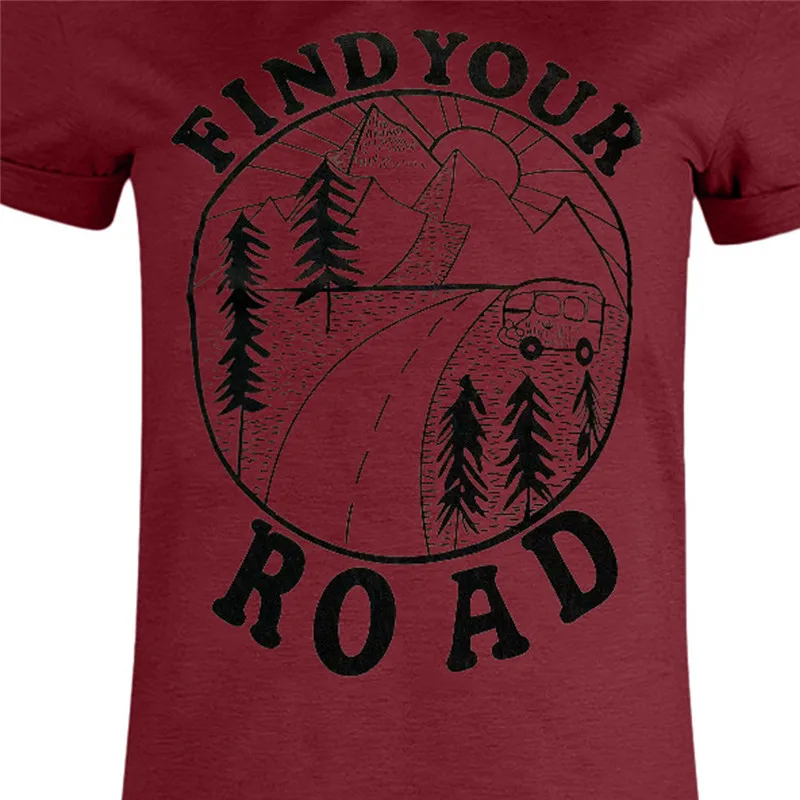 Женская футболка летняя с коротким рукавом и надписью Find Your Road круглым вырезом